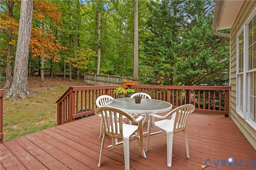3437 Riverton Court, Robious Road Corridor, Midlothian, VA 23113 Elevated wood deck featuring vertical slat railing, overlooking a wooded backyard with a privacy fence and vinyl siding exterior