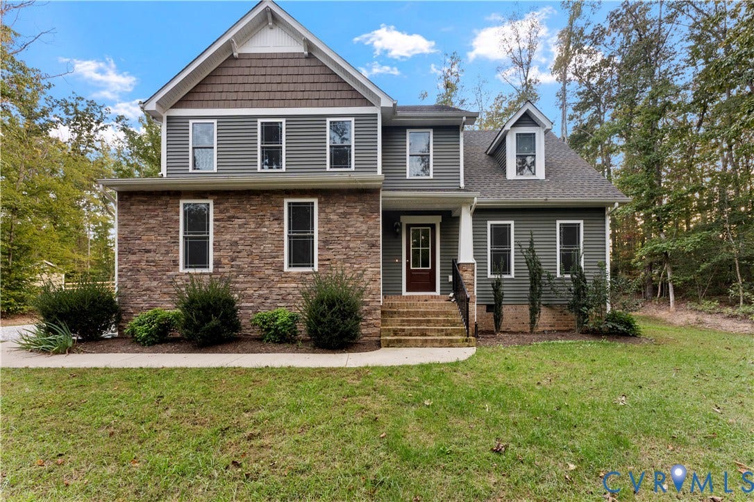 2953 Preston Park Court, Western Goochland County, Goochland, VA 23153 Stone and siding exterior with a prominent gabled roofline, front entry porch, and mature landscaping