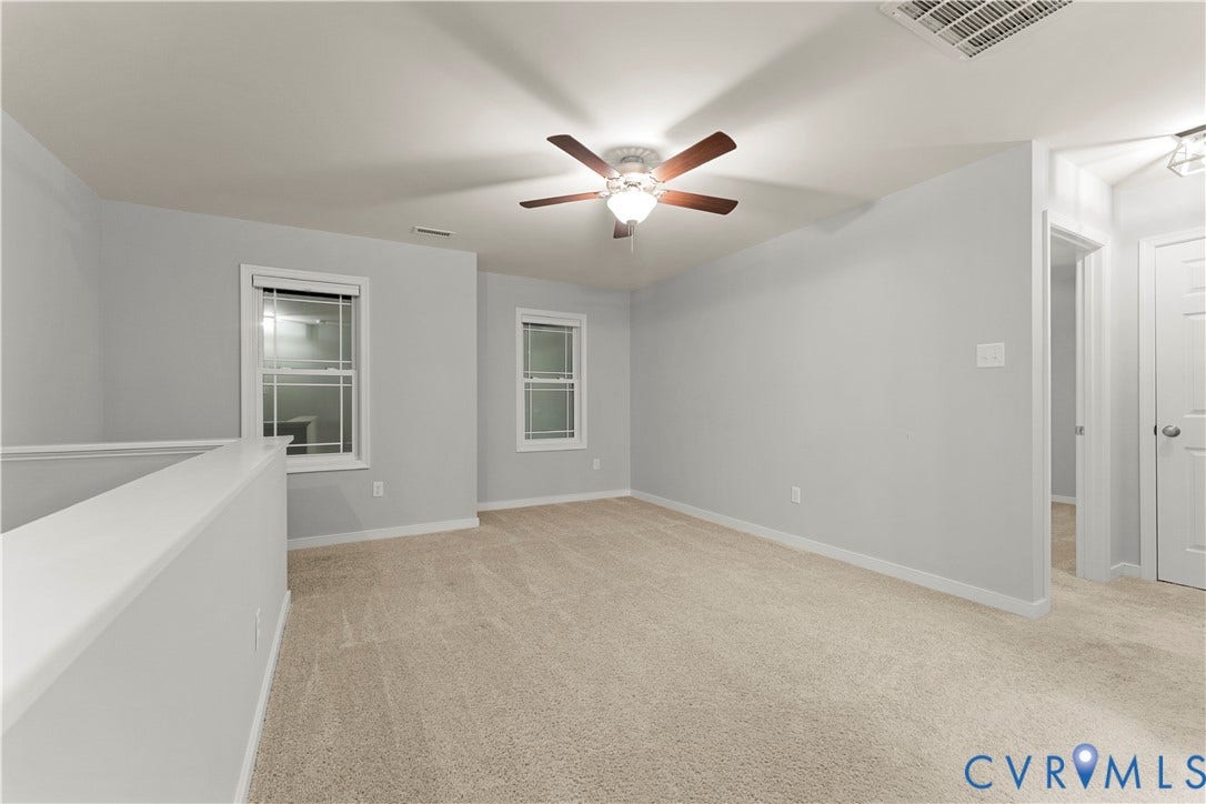 2953 Preston Park Court, Western Goochland County, Goochland, VA 23153 Carpeted room with light gray walls, two windows, and a ceiling fan