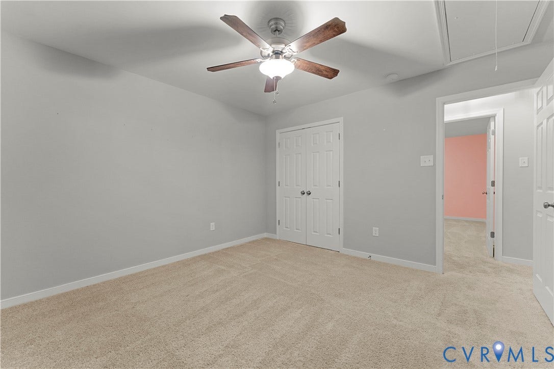 2953 Preston Park Court, Western Goochland County, Goochland, VA 23153 Carpeted flooring, neutral wall color, white bi-fold closet doors, and a ceiling fan with integrated lighting