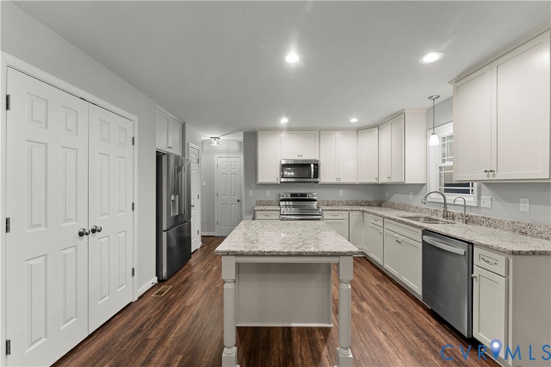 2953 Preston Park Court, Western Goochland County, Goochland, VA 23153 Kitchen featuring a center island, wood-finish flooring, white cabinetry, stainless steel appliances, and light-toned countertops