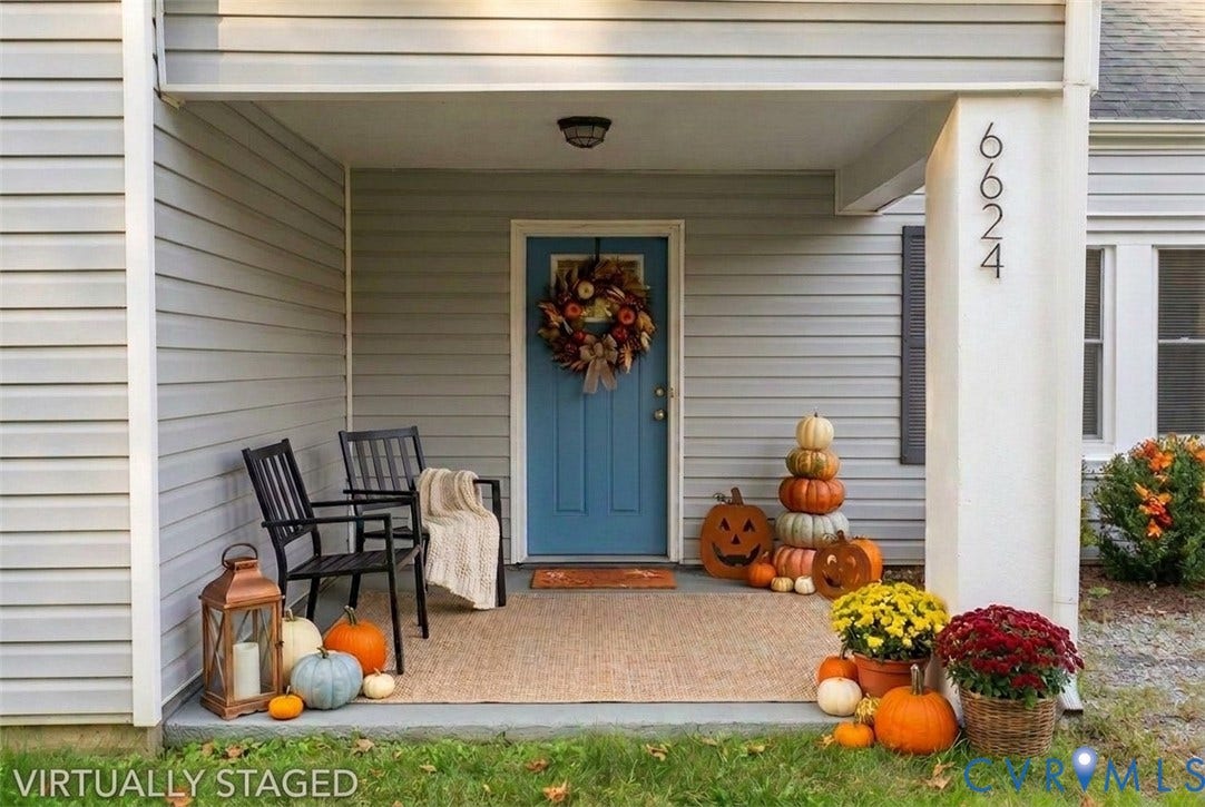 6624 Miller Road, Henrico, VA 23231 Virtually staged, fall themed front porch. Can you see yourself changing this up seasonally? Or maybe just pick your favorite color.