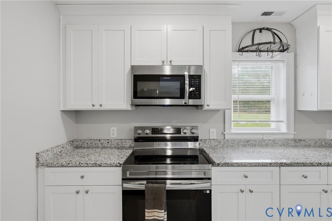 6624 Miller Road, Henrico, VA 23231 Modern kitchen featuring white cabinetry, stainless steel appliances including a electric range and over-the-range microwave, speckled granite countertops, and a subway tile backsplash with natural light from a nearby window