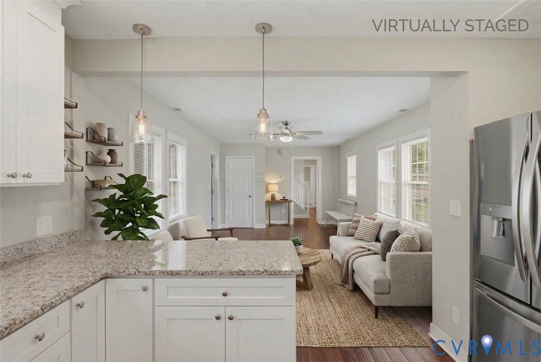 6624 Miller Road, Henrico, VA 23231 The view into the living room with some virtually staged furniture to help with the vision for the space.