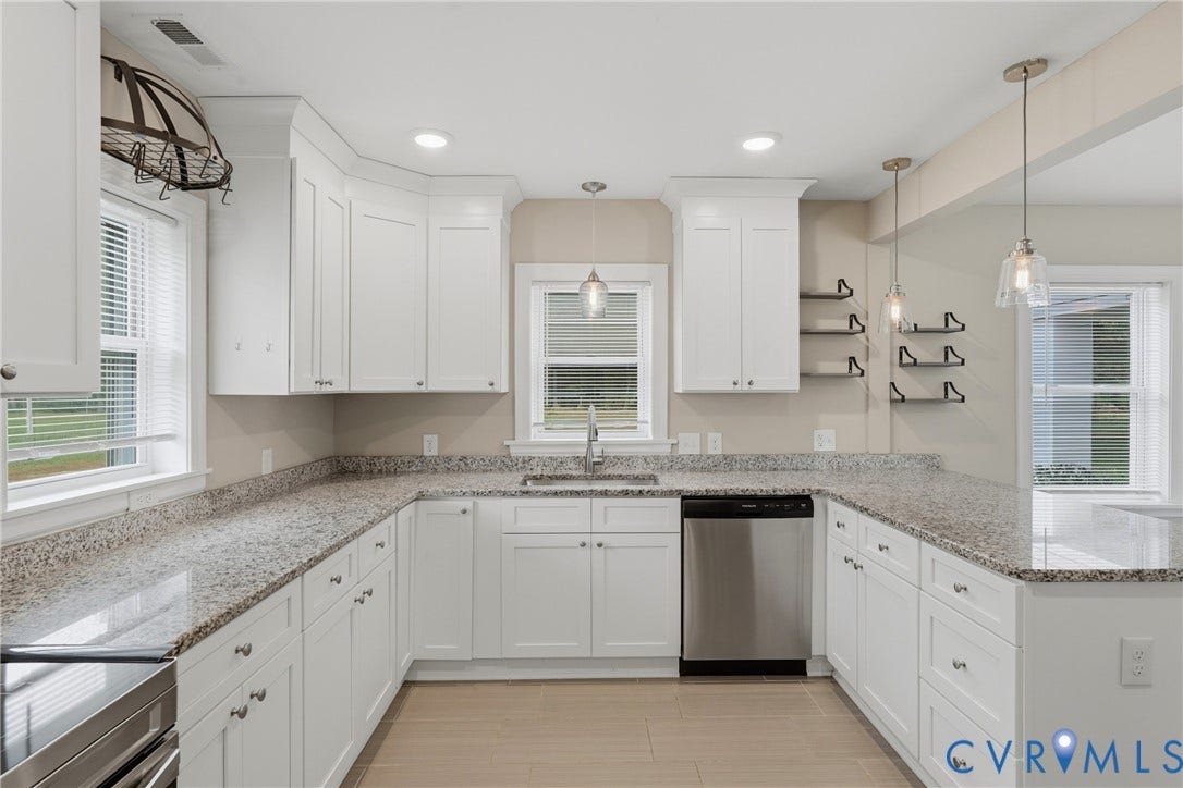 6624 Miller Road, Henrico, VA 23231 Bright, contemporary kitchen featuring crisp white cabinetry, speckled granite countertops, and stainless steel appliances