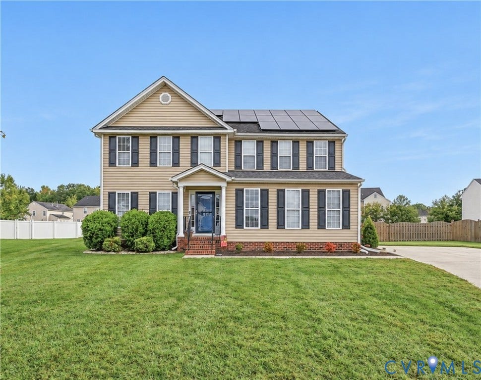 3912 Houze Terrace, Spring Lake, Henrico, VA 23060 Two-story residence featuring tan siding, a gabled roofline, and solar panels