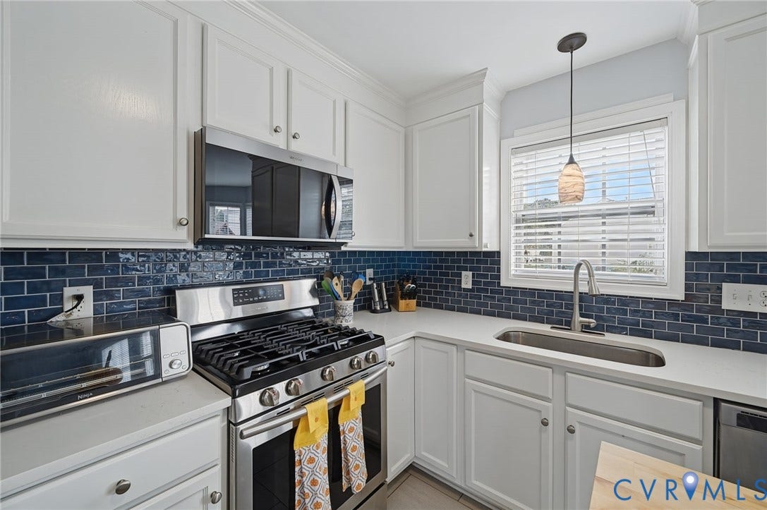 3912 Houze Terrace, Spring Lake, Henrico, VA 23060 Modern kitchen featuring white cabinetry with stainless steel hardware, subway tile backsplash in deep blue, stainless steel gas range with multiple burners, and undermount sink with chrome faucet