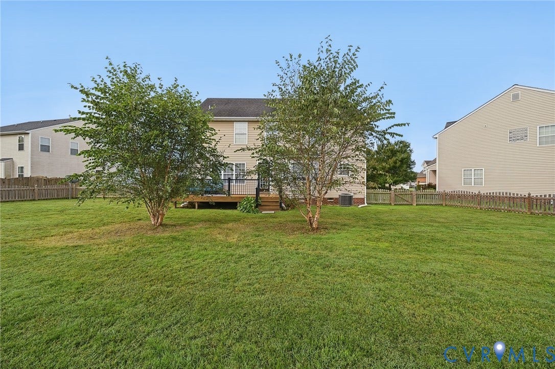 3912 Houze Terrace, Spring Lake, Henrico, VA 23060 Expansive manicured lawn with mature landscaping and established trees, complemented by a detached playground structure
