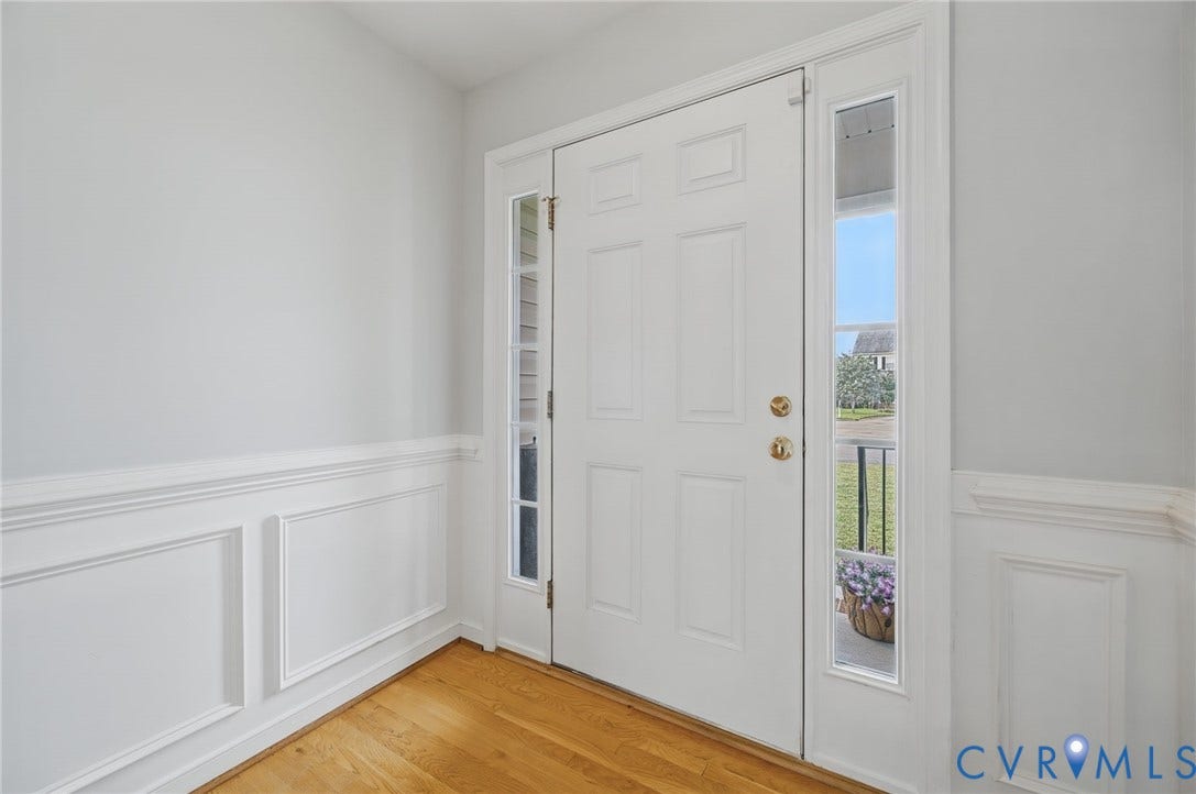 3912 Houze Terrace, Spring Lake, Henrico, VA 23060 Front entry with a paneled door, sidelight windows, and light wood-finish flooring