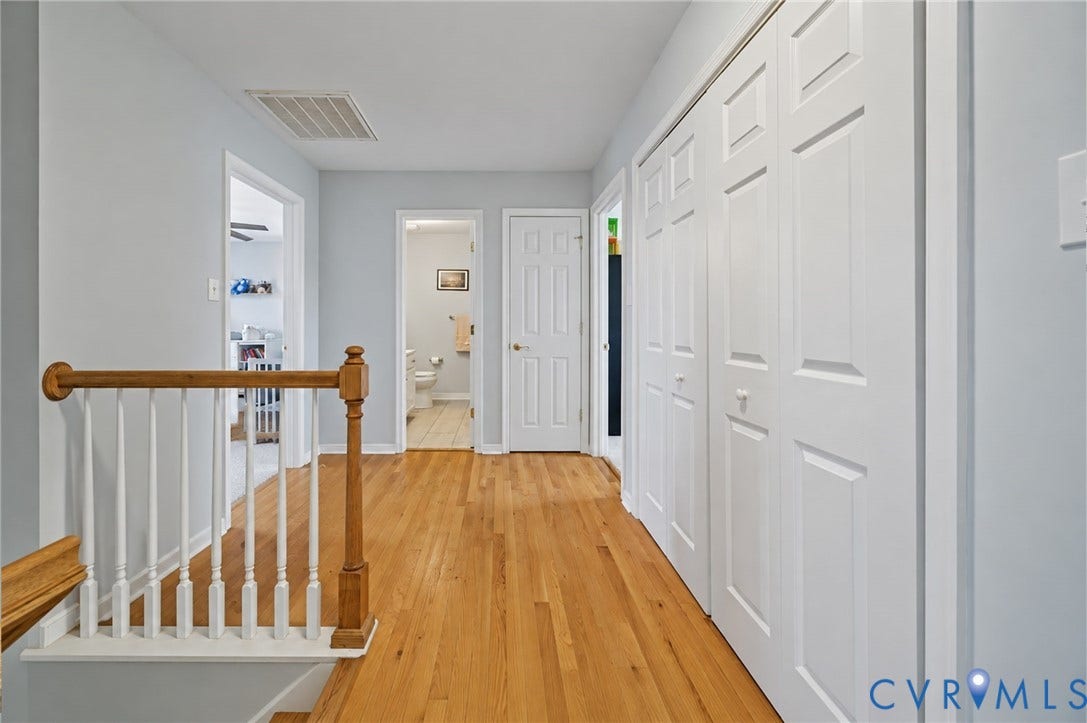 3912 Houze Terrace, Spring Lake, Henrico, VA 23060 Wall-to-wall carpeting, window with blinds and drapes, ceiling fan with light fixture, and light blue wall color