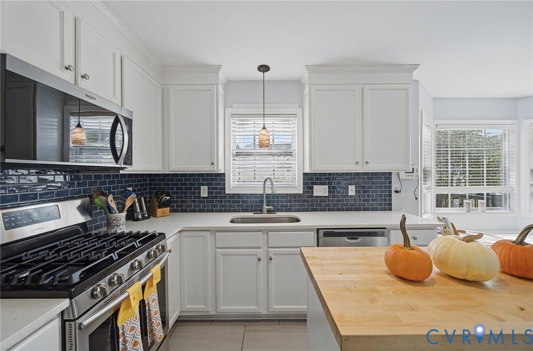 3912 Houze Terrace, Spring Lake, Henrico, VA 23060 White cabinetry with crown molding, subway tile backsplash, stainless steel appliances, and a butcher block island