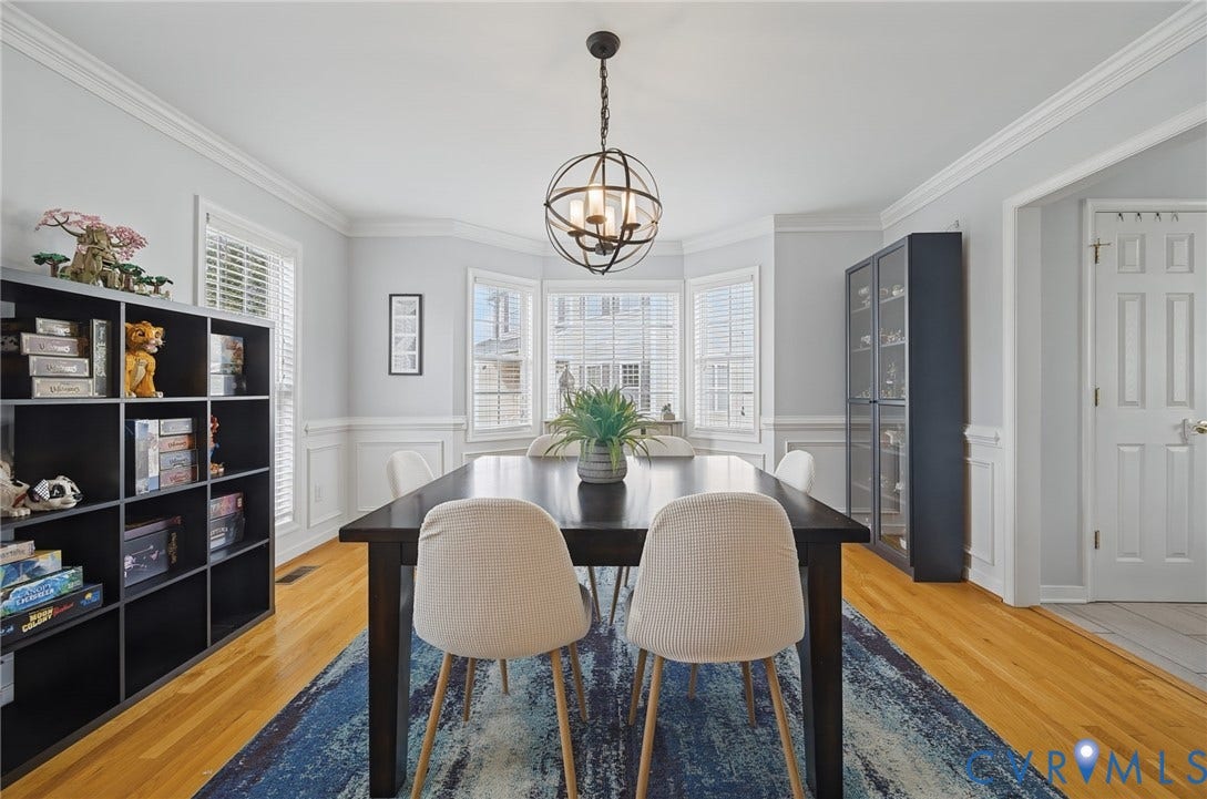 3912 Houze Terrace, Spring Lake, Henrico, VA 23060 Hardwood flooring, bay window, chandelier lighting, crown molding, and wainscoting