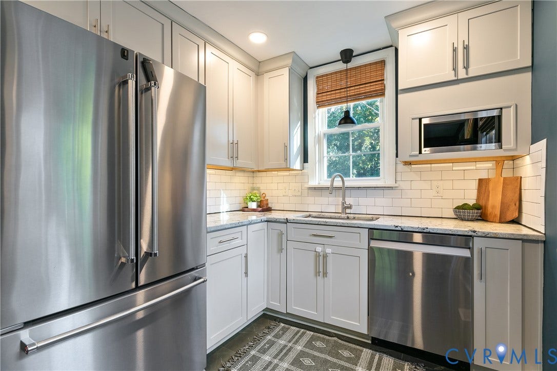 2207 Locbury Lane, Henrico, VA 23228 Kitchen featuring shaker-style cabinetry, stainless steel appliances, light-toned stone-finish countertops, white subway tile backsplash, and an undermount sink with a pull-down faucet