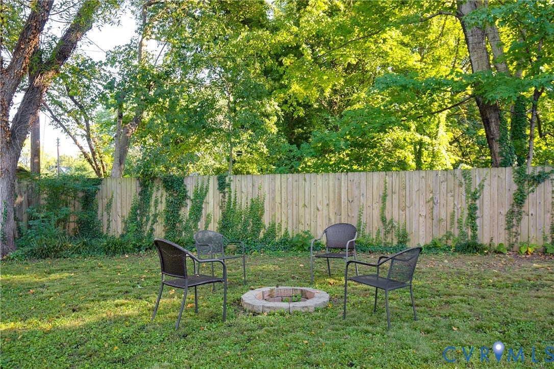 2207 Locbury Lane, Henrico, VA 23228 Backyard featuring a circular stone fire pit, wood privacy fencing, and mature trees