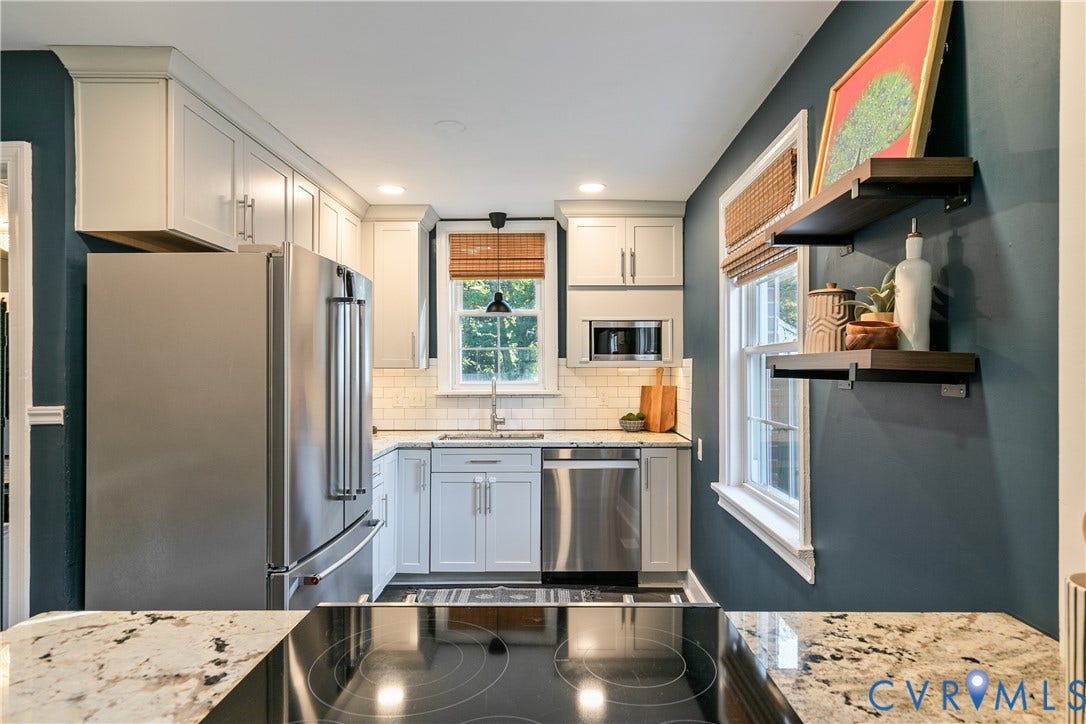 2207 Locbury Lane, Henrico, VA 23228 Kitchen featuring light cabinetry, stainless steel appliances, stone countertops, subway tile backsplash, and mounted shelving