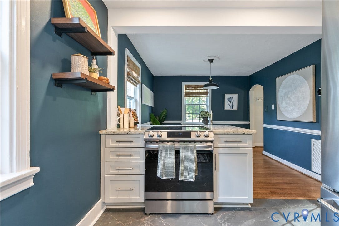 2207 Locbury Lane, Henrico, VA 23228 Kitchen featuring white shaker-style cabinetry, stone countertops, stainless steel electric range, wood-finish flooring, and floating wall-mounted shelving