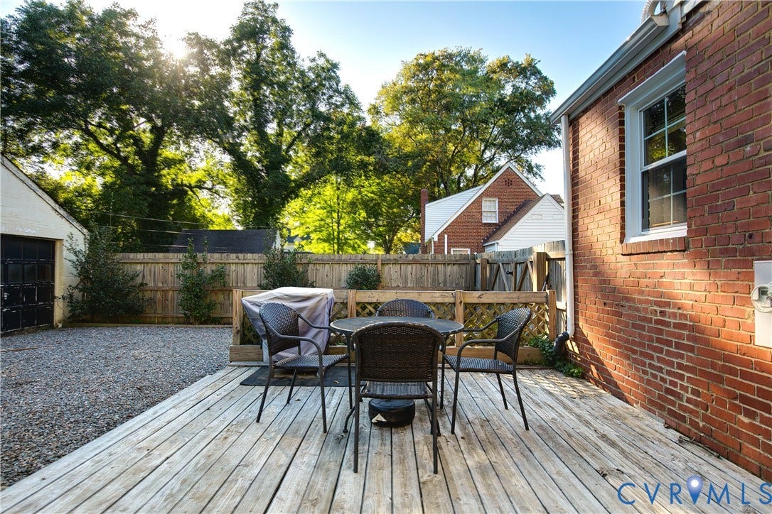 2207 Locbury Lane, Henrico, VA 23228 Backyard featuring a wood deck, brick exterior facade, gravel parking area, and wood privacy fencing