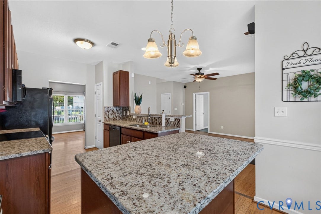 6852 Watch Harbour Circle, Hayes, VA 23072 Kitchen featuring a center island with granite-finish countertop, wood-finish cabinetry, tile backsplash, and recessed lighting