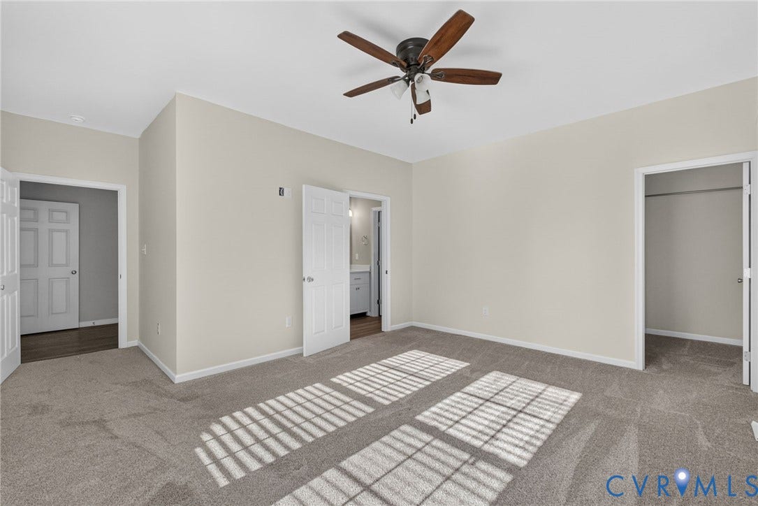 6852 Watch Harbour Circle, Hayes, VA 23072 Carpeted room with a ceiling fan, white paneled doors, and light-colored walls