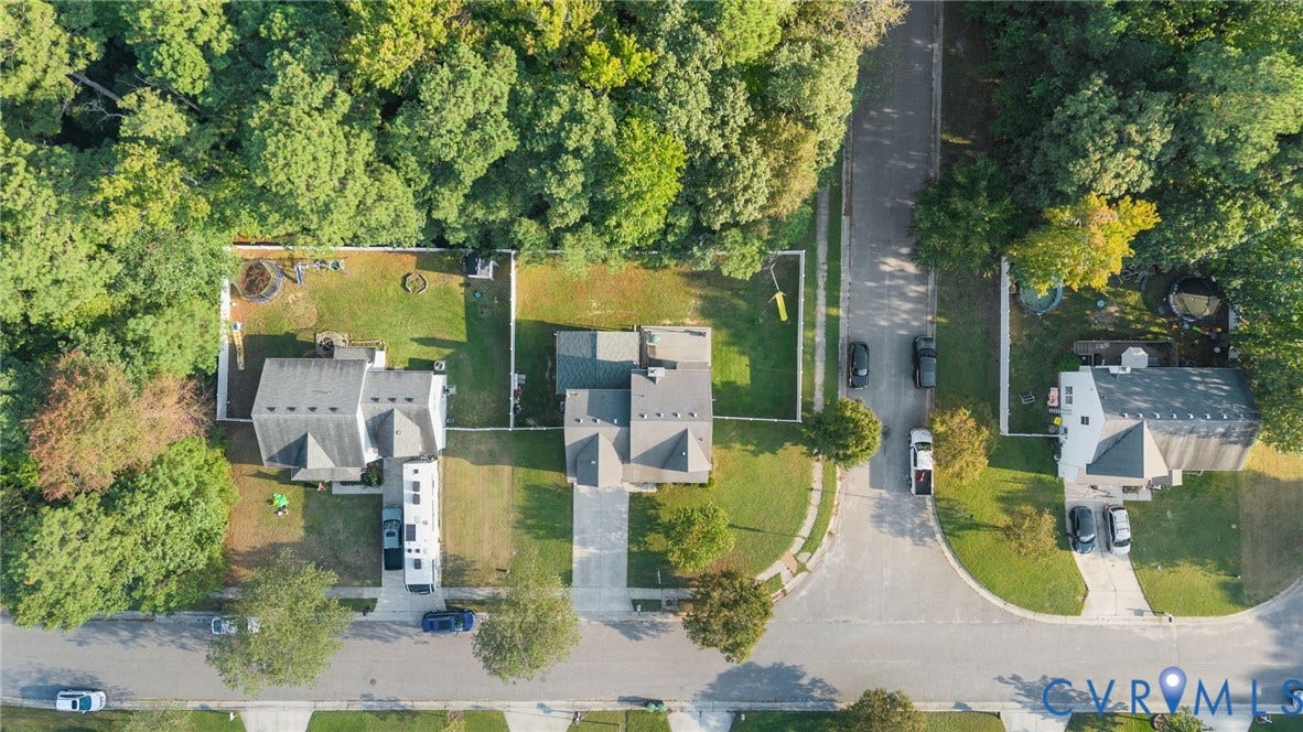 6852 Watch Harbour Circle, Hayes, VA 23072 Aerial perspective highlighting residential properties, cul-de-sac, and surrounding mature trees