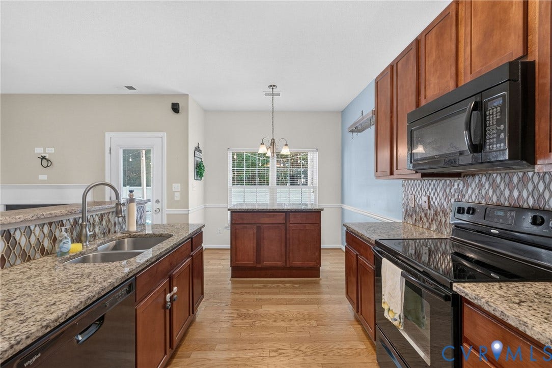 6852 Watch Harbour Circle, Hayes, VA 23072 Hardwood flooring, granite countertops, built-in microwave, double basin sink, and a tiled backsplash