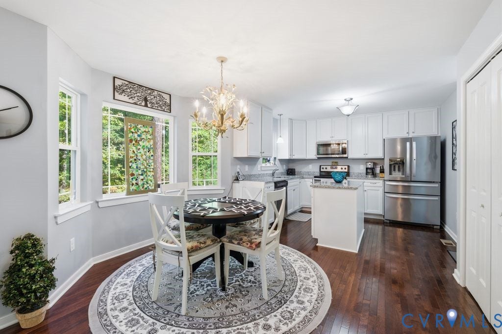 2490 Mountain Road, Glen Allen, VA 23060 Kitchen area featuring white cabinetry, stone-finish countertops, stainless steel appliances, a decorative hanging chandelier, and wood-finish flooring