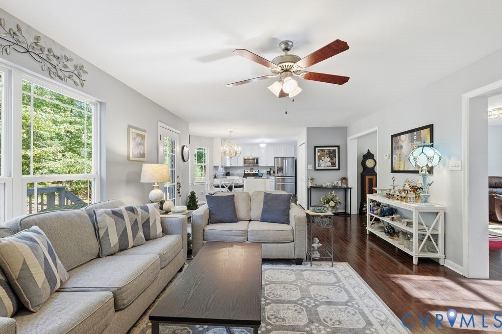 2490 Mountain Road, Glen Allen, VA 23060 Living space featuring wood-finish flooring, a ceiling fan with integrated lighting, and expansive windows