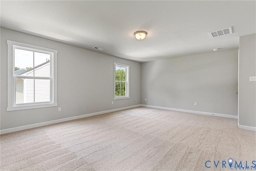 Spacious room featuring neutral carpeting, light gray walls, white trim, and two windows