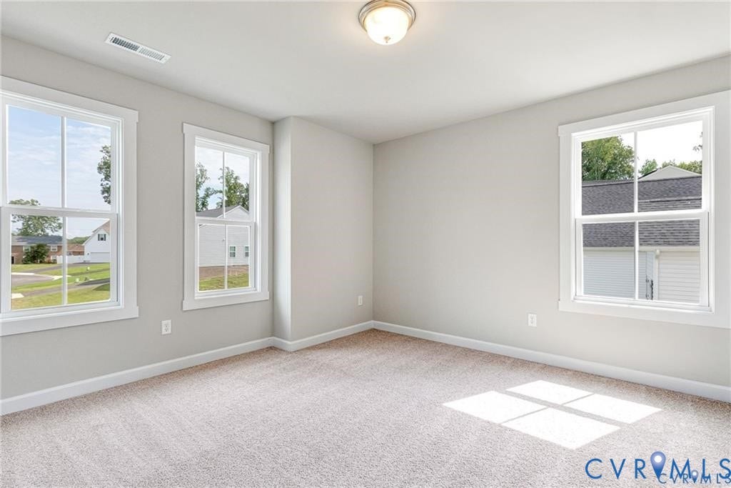 Plush carpet flooring, three large windows with white trim, and a ceiling-mounted light fixture