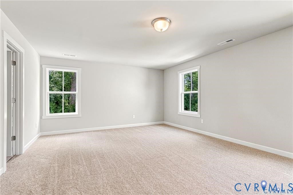 Light-toned carpet flooring, neutral wall paint, two double-hung windows, and a flush mount ceiling light