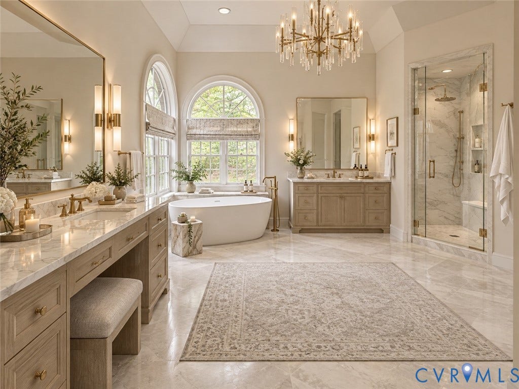 2611 Glenalmond Court, Powhatan, VA 23139 AI rendering of what the primary bathroom space could look like with updates.