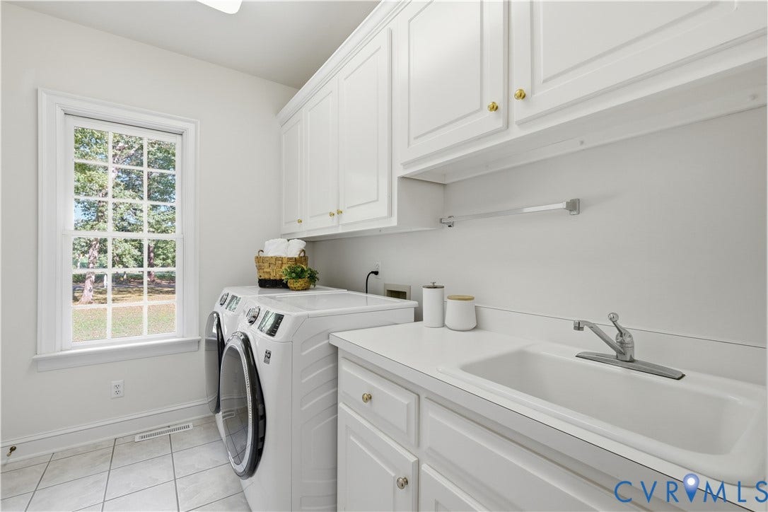 2611 Glenalmond Court, Powhatan, VA 23139 1st floor laundry with sink,cabinets, half bath and access door to garage for easy access to the bath and bringing groceries in.