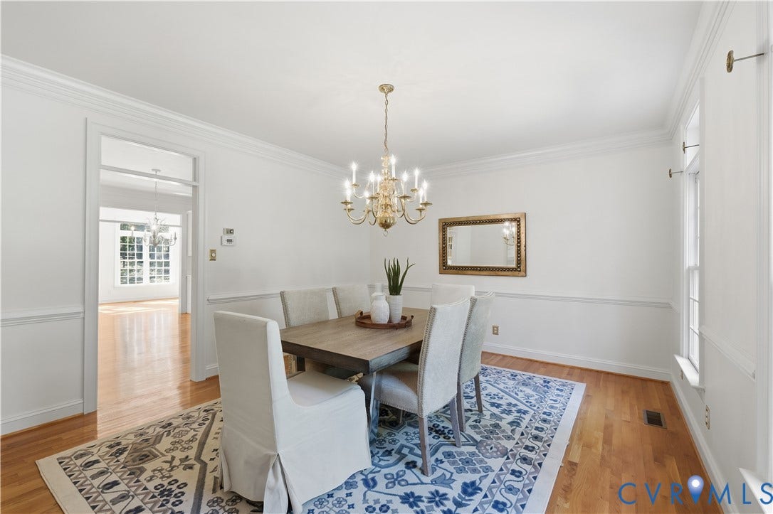2611 Glenalmond Court, Powhatan, VA 23139 Formal dining room with chair rail, crown molding and transom above the door and windows.