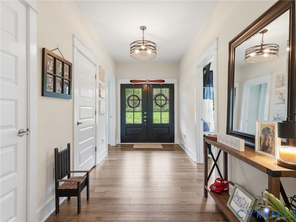 Foyer featuring double entry doors with glass panels, wood-finish flooring, multi-panel doors, and contemporary drum-style lighting