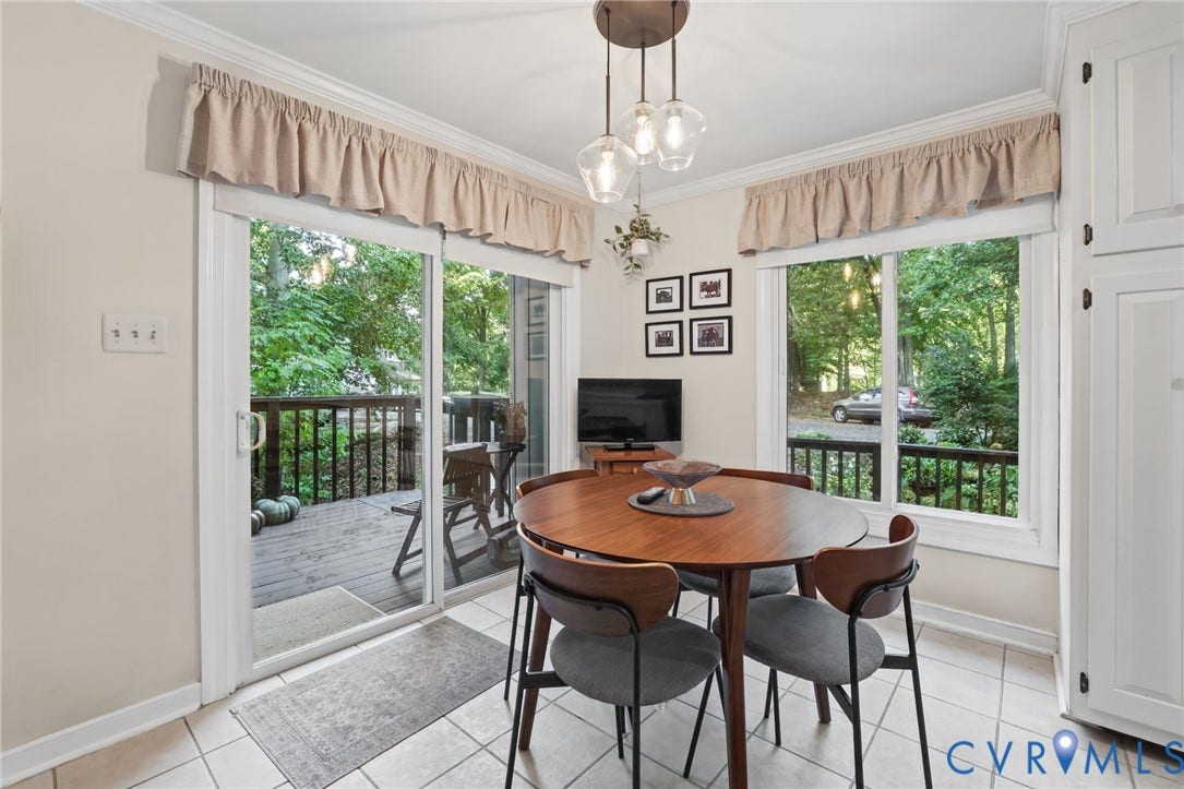 4815 Woodbriar Court, Midlothian, VA 23112 Tiled flooring, glass-paneled sliding door, multi-light pendant fixture, white cabinetry, and expansive window glazing
