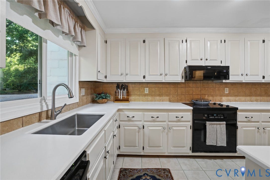 4815 Woodbriar Court, Midlothian, VA 23112 Kitchen featuring white cabinetry, solid surface countertops, a stainless steel undermount sink with an arching faucet, tile backsplash, and built-in black appliances