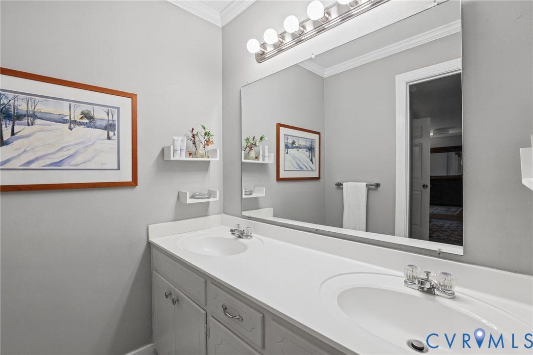 4815 Woodbriar Court, Midlothian, VA 23112 Double vanity featuring integrated sinks, white countertops, built-in cabinetry, large wall-mounted mirror, and multi-bulb light fixture