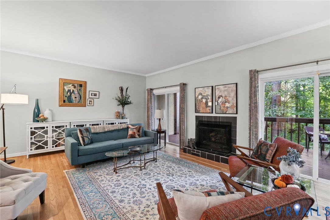 4815 Woodbriar Court, Midlothian, VA 23112 Living area featuring wood-finish flooring, a fireplace with dark tile surround, and large sliding glass doors providing outdoor access
