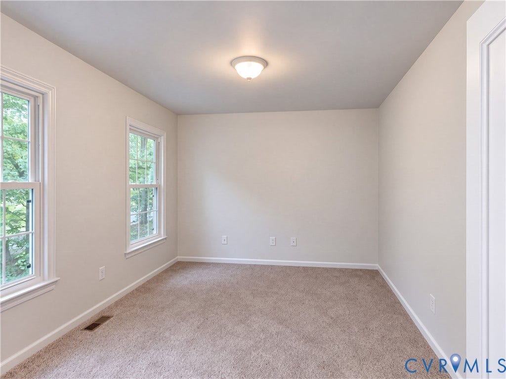 Neutral wall tones, two double-hung windows, carpet flooring, and a flush mount ceiling light fixture