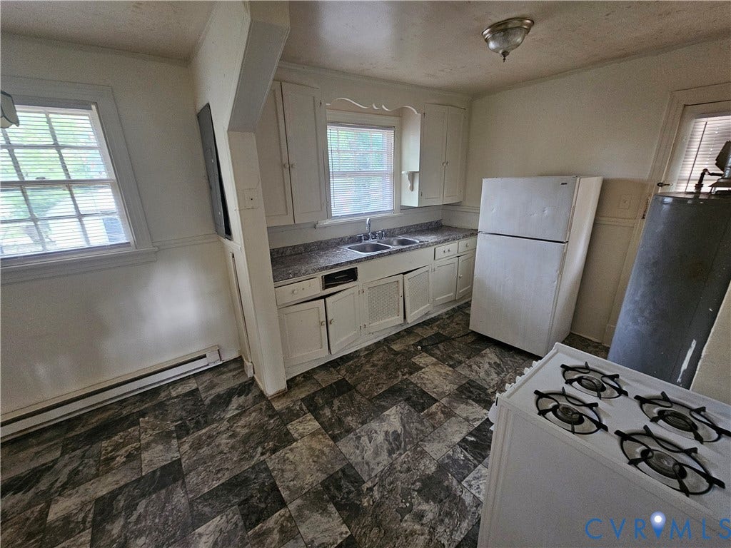 1410 E 18th Street, Richmond, VA 23224 Kitchen featuring a double basin sink, white cabinetry, and patterned flooring