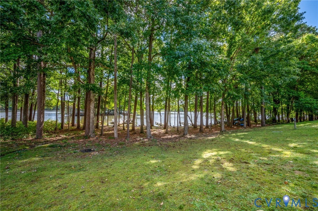 Expansive grassy lot featuring mature tree canopy and direct water frontage