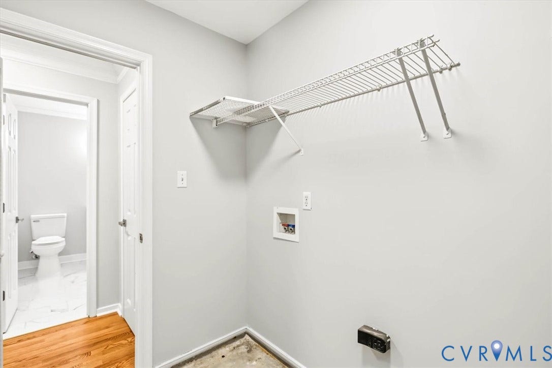 3216 Sherwood Bluff Terrace, Sherwood Bluff, Powhatan, VA 23139 Utility area featuring a wall-mounted wire shelving unit, recessed laundry hookups, and wood-finish flooring