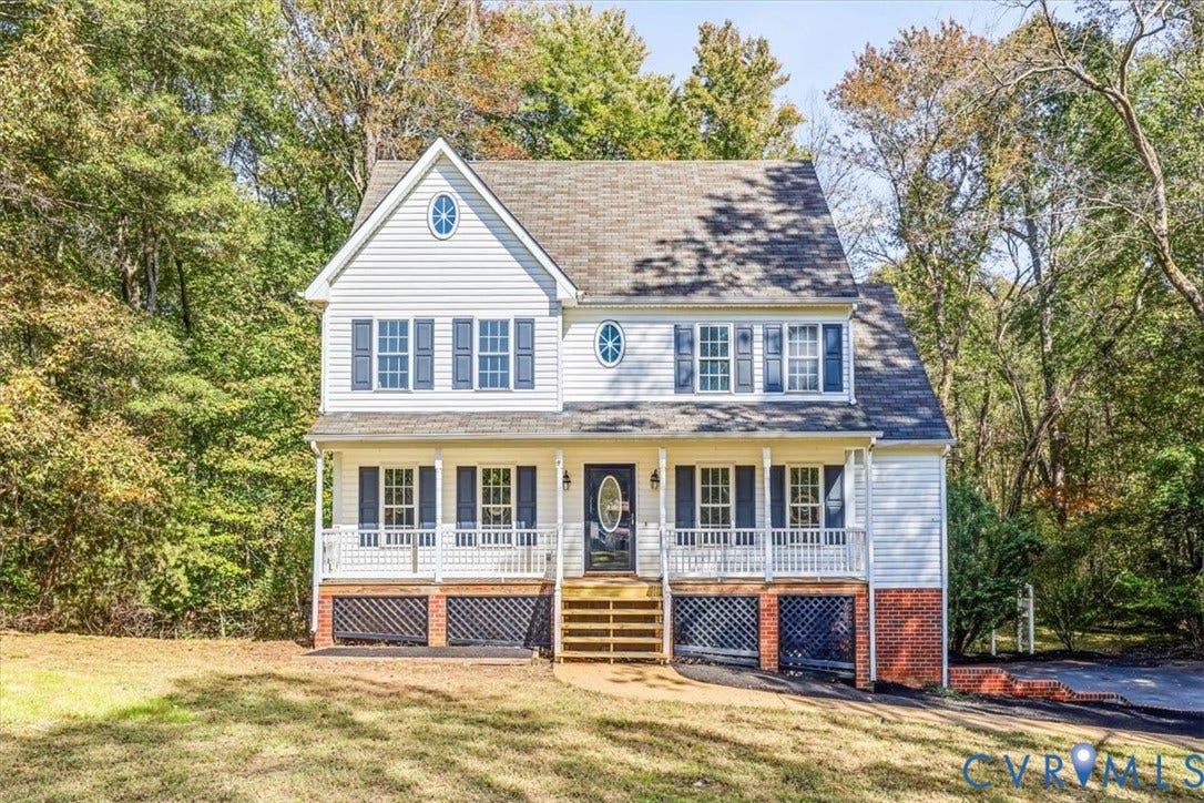 3216 Sherwood Bluff Terrace, Sherwood Bluff, Powhatan, VA 23139 Two-story colonial exterior featuring white lap siding, dark shutter accents, an elevated front porch with white railing, and decorative oval windows