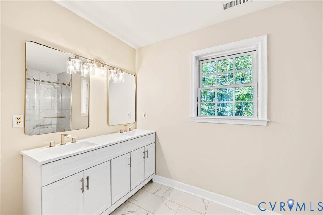 3216 Sherwood Bluff Terrace, Sherwood Bluff, Powhatan, VA 23139 Double vanity with white cabinetry, rectangular under-mount sinks, gold-tone hardware, and an expansive wall-mounted mirror