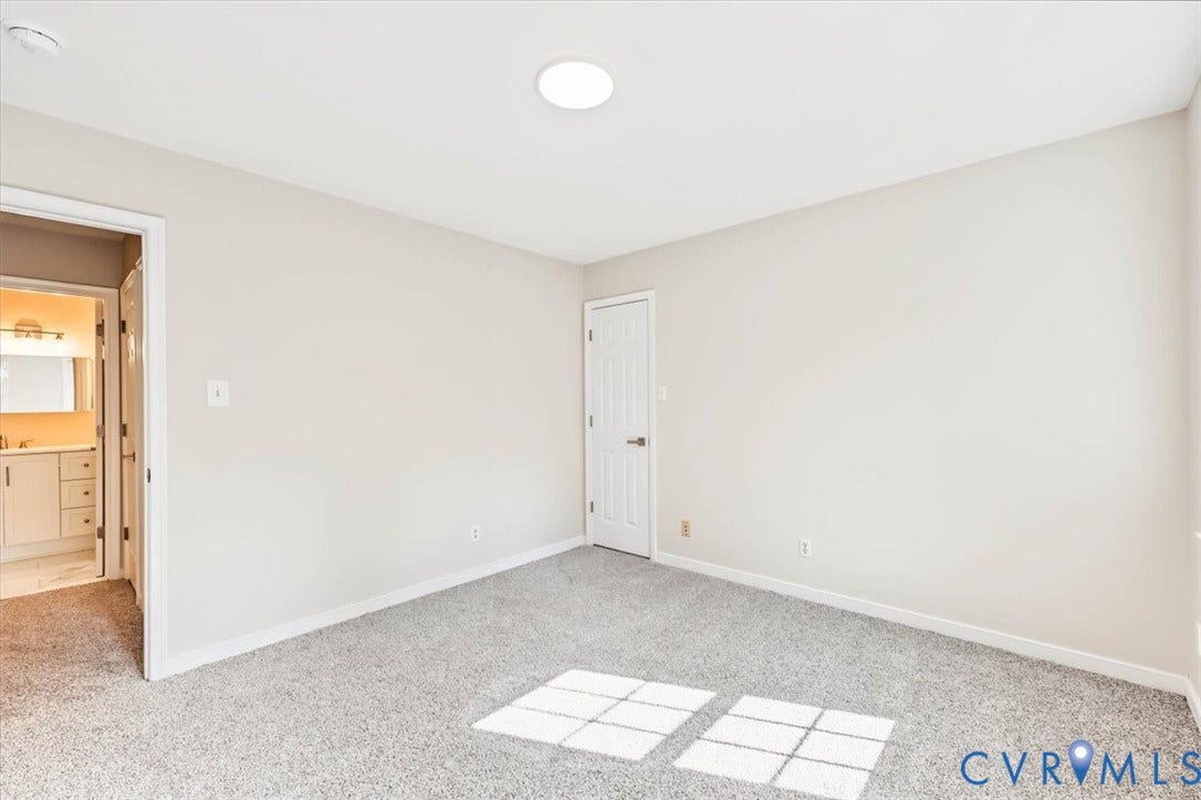 3216 Sherwood Bluff Terrace, Sherwood Bluff, Powhatan, VA 23139 Neutral-toned interior space featuring neutral carpeting, a flush-mount ceiling light fixture, and a white six-panel interior door