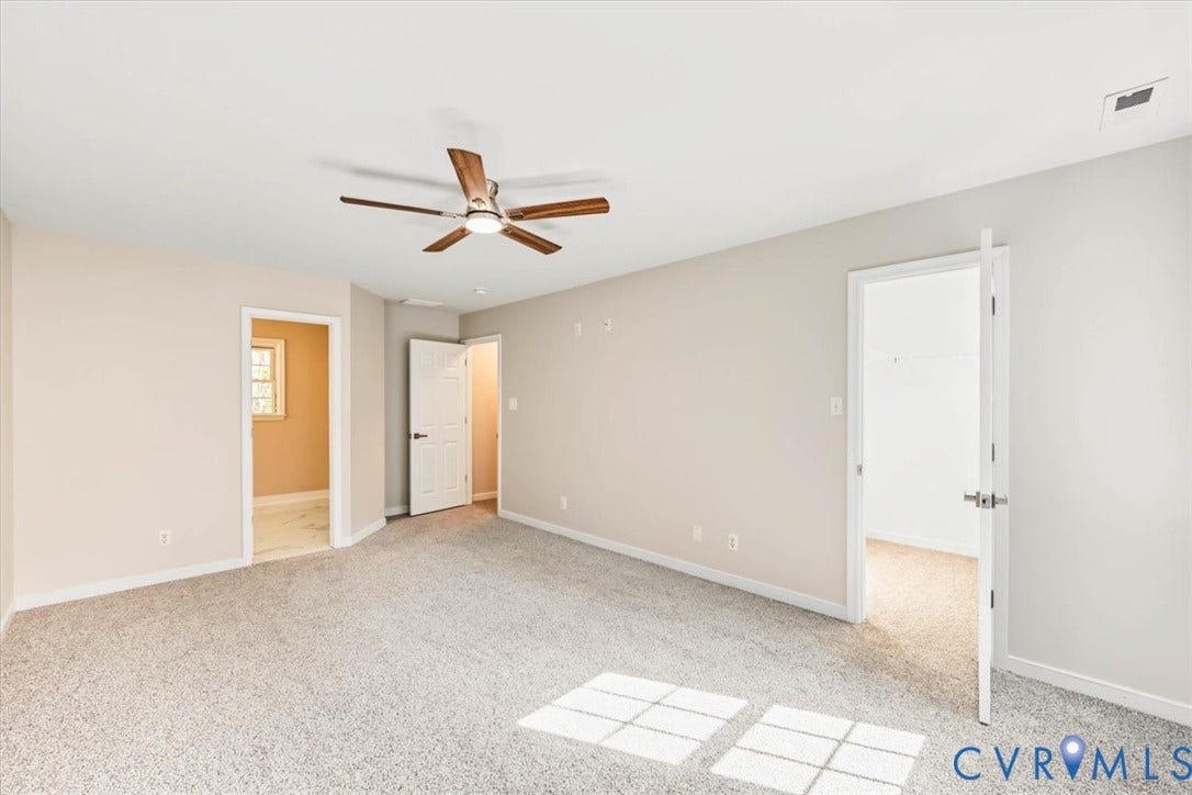 3216 Sherwood Bluff Terrace, Sherwood Bluff, Powhatan, VA 23139 Neutral-toned interior space featuring wall-to-wall carpeting, a ceiling fan with integrated lighting, and multiple interior doorways