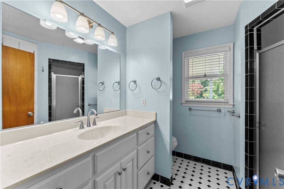 11612 Yorkdale Drive, Rivers Edge, North Prince George, VA 23860 Master bathroom featuring a long vanity with dual sinks, gray cabinetry, and white quartz countertop