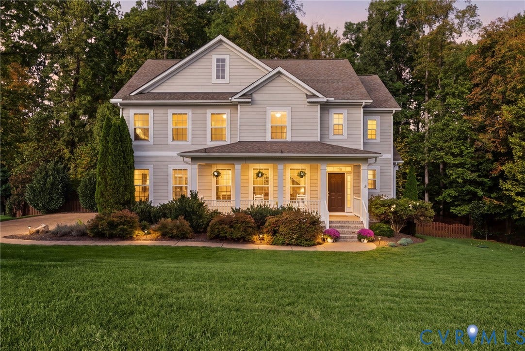 1425 Montcroft Way, Midlothian, VA 23112 Traditional-style exterior featuring horizontal siding, a covered front porch with column supports, multi-pane windows, and a multi-gabled roofline