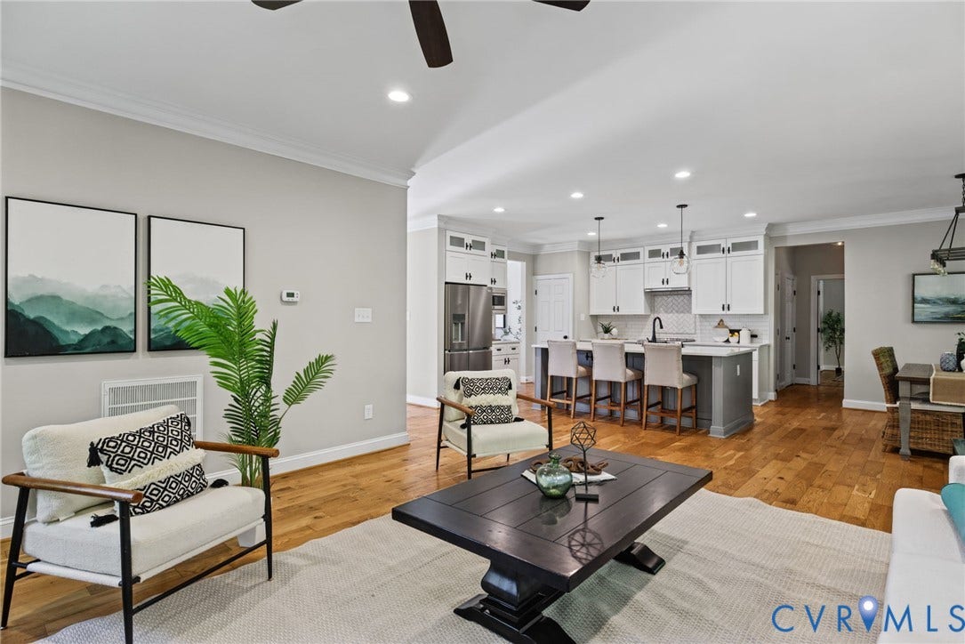 1425 Montcroft Way, Midlothian, VA 23112 Open-concept interior featuring wood-finish flooring, recessed lighting, and crown molding