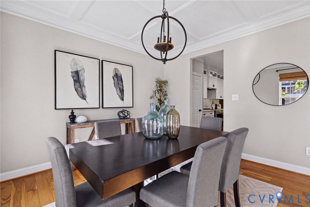 1425 Montcroft Way, Midlothian, VA 23112 Coffered ceiling, wood-finish flooring, and orb-style metal chandelier
